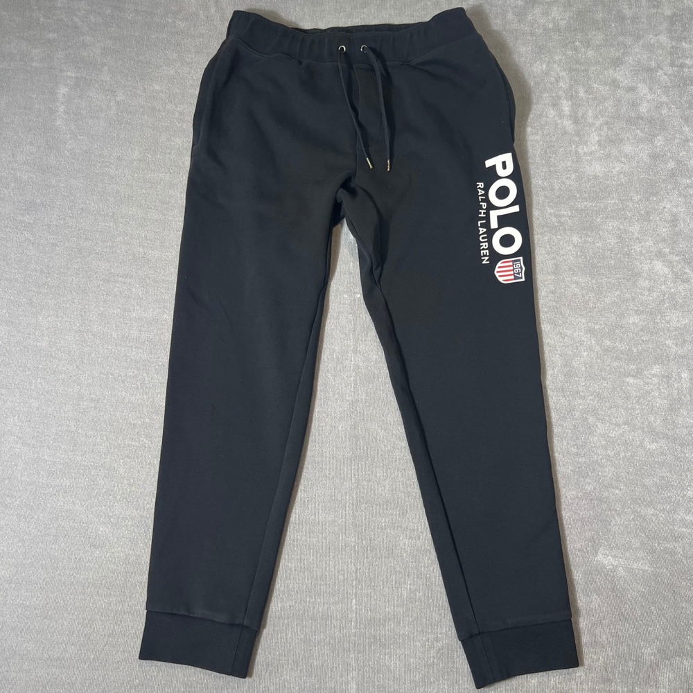 Polo Ralph Lauren Mens Black Double Knit Logo Joggers Sweatpants Medium